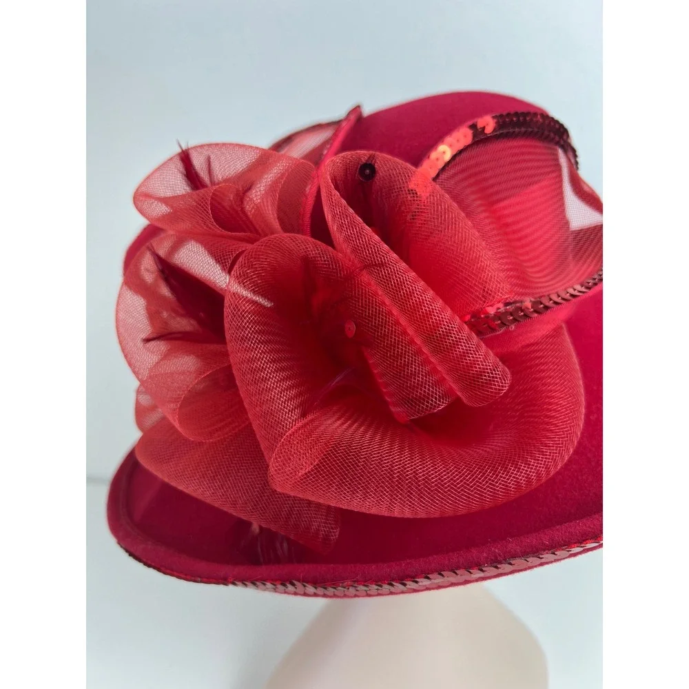 Vintage Deborah Fashions Red 100% Wool Church Formal Derby Wide Brim Hat USA